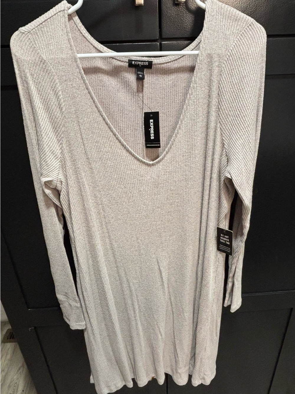 Express Women's Long Sleeve V-Neck Ribbed Beige dress